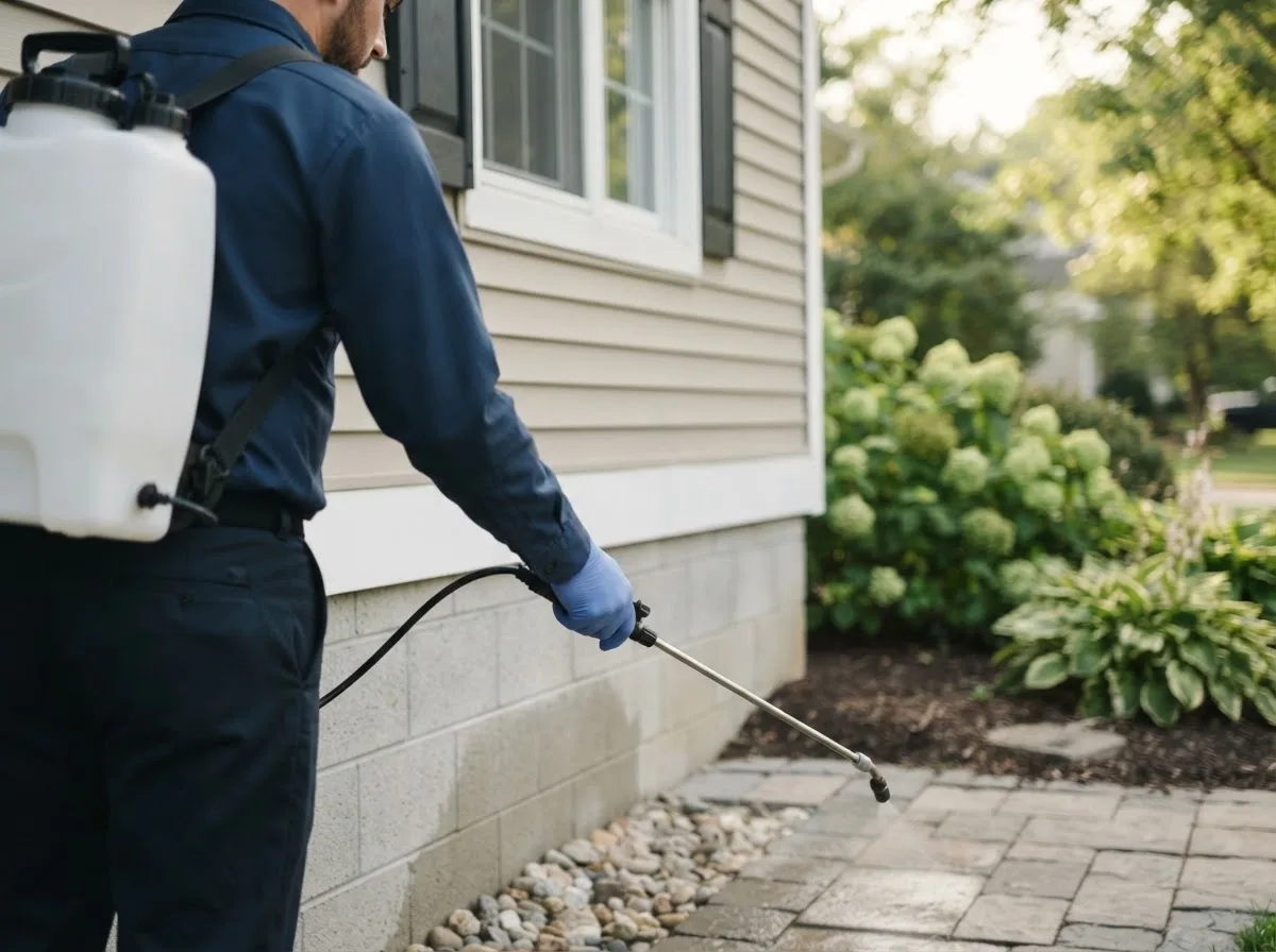 Pest control technician inspecting a home in Macedonia, IL
